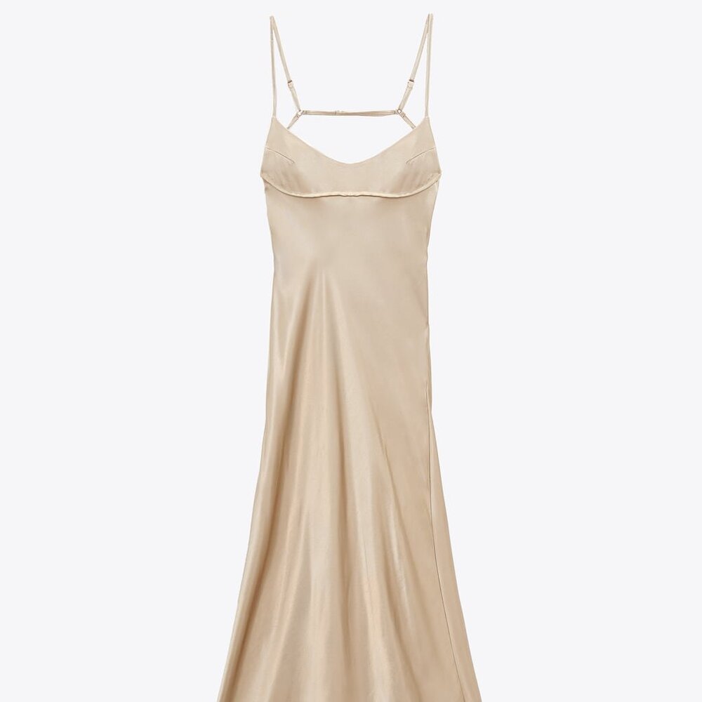 Zara Satin Effect Cut Out Dress- Size Small, Taupe Gray
